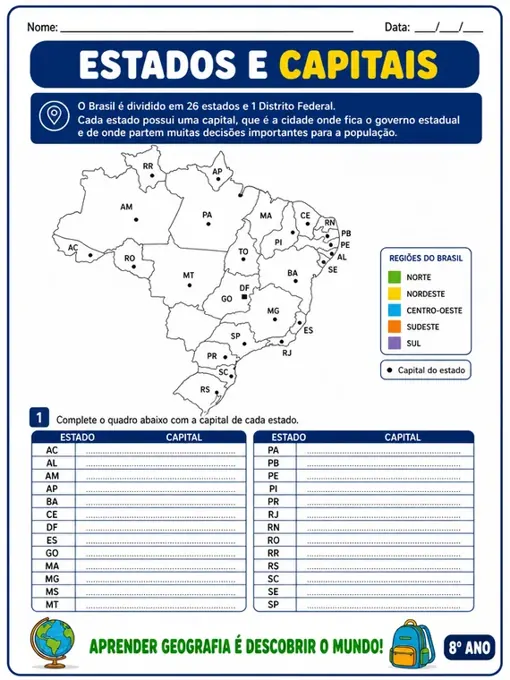 Amostra de atividade de Geografia - 8º ano