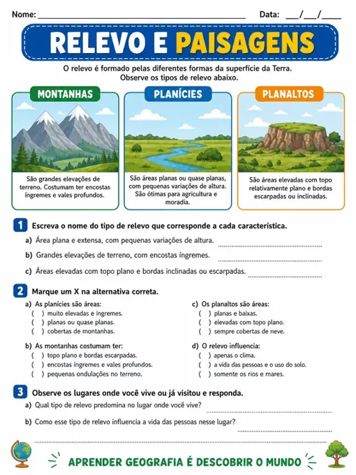 Amostra de atividade de Geografia - 4º ano
